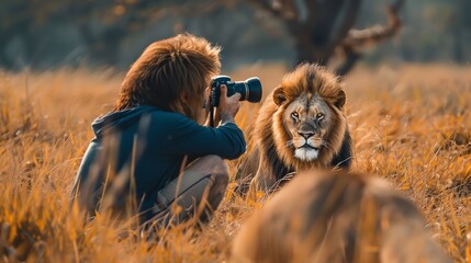 A photographer takes a picture of a lion in the wild.