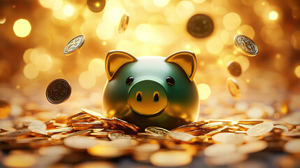 D render of a green piggy bank surrounded by falling coins on a golden background with a bokeh effec