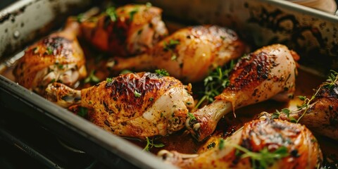 Canvas Print - Detailed view of grilled chicken legs presented in a metal serving tray