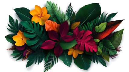 Vibrant tropical foliage and flowers in a lush arrangement, isolated on a white background.