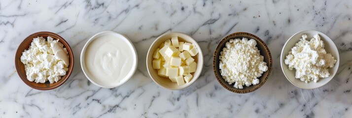 Wall Mural - Probiotic-Infused Dairy Collection Featuring Yogurt, Kefir, Cottage Cheese, Mozzarella, and Gouda Options