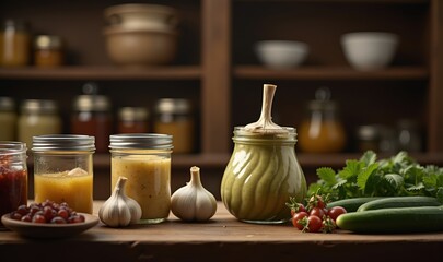 Fresh ingredients and homemade condiments displayed in jars, showcasing a rustic kitchen setting perfect for culinary, recipe, and food brand imagery.