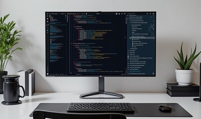 Modern workspace featuring a large monitor displaying coding and programming tasks. Ideal for tech, software development, and digital innovation themes.