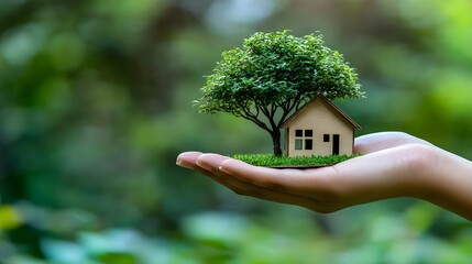 A hand holds a miniature house with a tree, symbolizing care for nature and eco-friendly living in a lush environment.