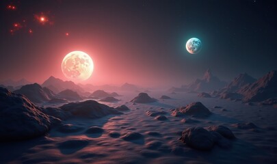 A stunning digital landscape depicting a surreal alien world with two glowing celestial bodies, perfect for science fiction themes and creative projects.