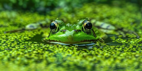 Wall Mural - Detailed view of a lively green frog in a pond filled with algae.