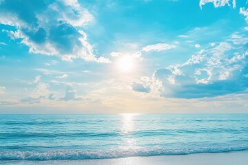 Panorama of clear sky background for summer vacation concept at ocean and summer sea water with sunlight of beautiful cloudy sky , ai