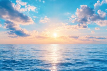 Panorama of clear sky background for summer vacation concept at ocean and summer sea water with sunlight of beautiful cloudy sky , ai