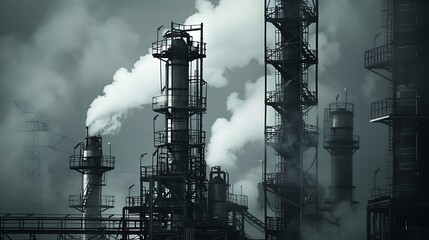 Industrial landscape with smokestacks emitting steam in a monochromatic setting.