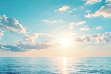 Panorama of clear sky background for summer vacation concept at ocean and summer sea water with sunlight of beautiful cloudy sky , ai