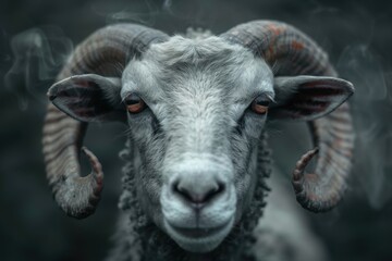 Poster - Close-up portrait of a curious sheep with horns