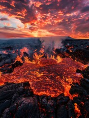 Poster - Dramatic fiery volcanic eruption at sunset