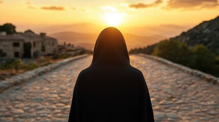 Wall Mural - silhouette of person in hooded cloak at sunset