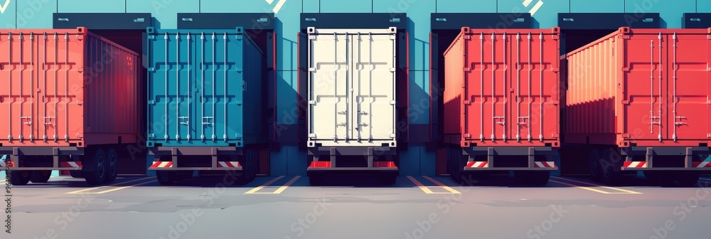Container trucks in a warehouse parking area loading cargo at a docking ...
