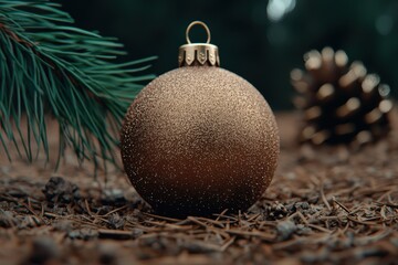 Wall Mural - Sparkling gold christmas ornament on pine needles