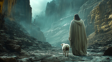 Jesus and a lamb at the entrance to the valley of the shadow of death