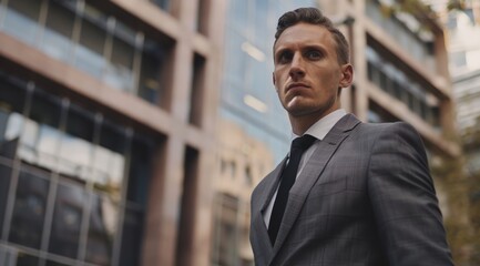 Poster - Confident businessman in suit standing in front of office building