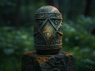 Sticker - Ornate carved stone sculpture in forest