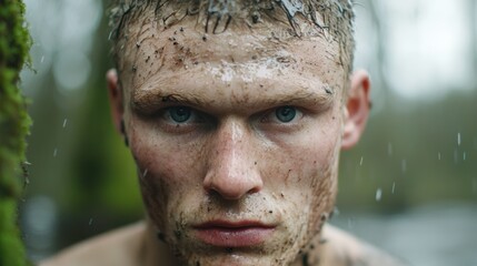 Poster - Rugged man with intense expression in forest