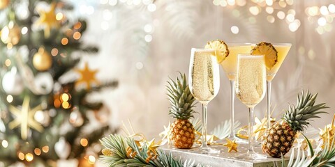 Pyramid of champagne glasses accompanied by tropical pineapples for a festive showcase, featuring empty text space on the left. Concept celebrating New Year and Christmas with martini glasses filled