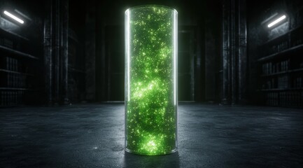 Sticker - Glowing green energy cylinder in dark room