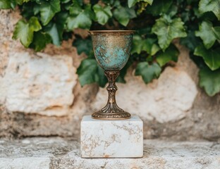 Sticker - Antique bronze chalice on marble pedestal