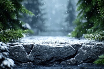 Canvas Print - Snowy winter forest path with pine trees