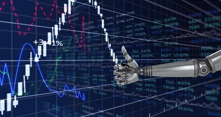 Canvas Print - Animation of data processing and diagrams over robotic arm