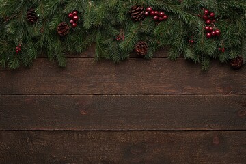 Canvas Print - christmas pine branches with pinecones and berries on wooden background