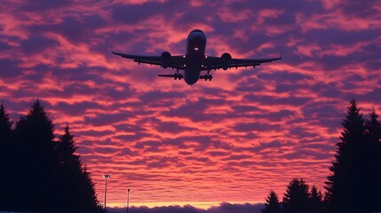 An airplane flying into a vibrant sunset, silhouetted against colorful clouds and trees, symbolizing travel and adventure.