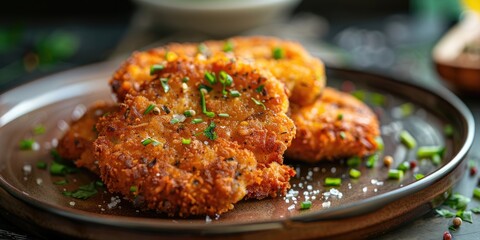 Wall Mural - Close-up of expertly fried homemade pork cutlets on a dish.