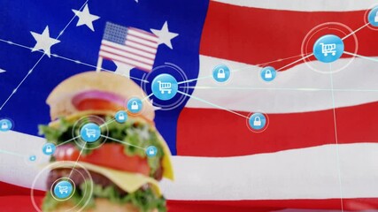 Sticker - Animation of network of connections with icons and flag of usa over hamburger