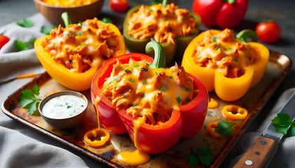 Two large, brightly colored bell pepper halves filled with shredded buffalo chicken and topped with melted cheddar cheese