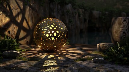 Wall Mural - A glowing decorative sphere surrounded by natural elements in a serene environment.