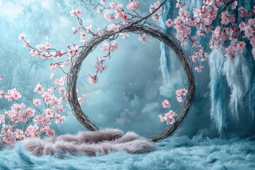 Wall Mural - A blue and pink background with a wicker circle in the middle