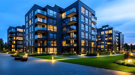 Wall Mural - A modern apartment building with a landscaped courtyard shines at dusk.