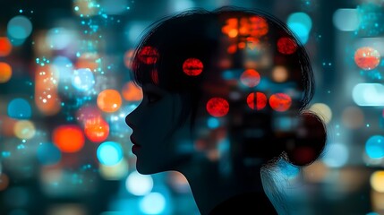 Silhouette of a woman with colorful city lights in the background, portraying a dreamy and artistic urban atmosphere.