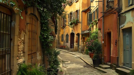 Wall Mural - A picturesque narrow street lined with colorful buildings and greenery, inviting exploration and leisure.