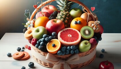 gift basket with fruits, vitamins, useful for health