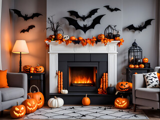 Wall Mural - Interior of living room decorated for Halloween with fireplace, pumpkins and paper bats