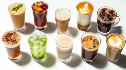 Variety of Hot Drinks Collection - Mocha, Tea, Coffee, Matcha, Cappuccino on White Background