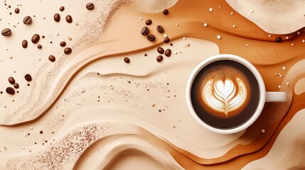 Wall Mural - Creamy Coffee Elegance - Abstract Textures in Warm Hues Frame Dark Coffee Cup on Brown Background