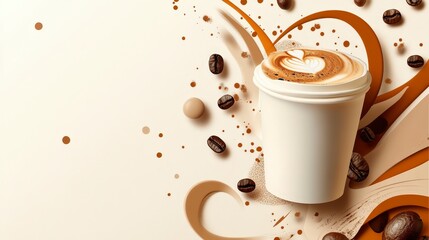 Wall Mural - Rich Coffee Poster Background with Abstract Patterns and White Paper Cup Focal Point