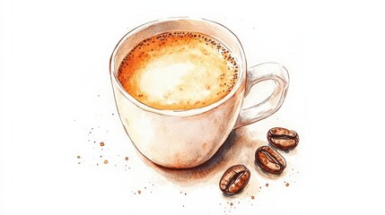 Wall Mural - Aesthetic Watercolor Illustration of Top View Hot Coffee Milk Cup with Coffee Beans on White Background | Clean Simple Sketch Style