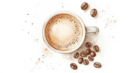 Wall Mural - Serene Watercolor Illustration of Hot Coffee Milk Cup with Coffee Beans | Light Color Sketch Style on White Background