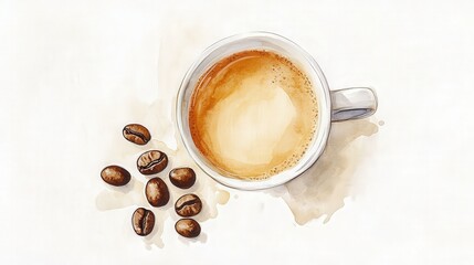 Wall Mural - Minimalistic Watercolor Illustration of Hot Coffee Milk Cup and Beans on White Background | Light Color Sketch Style Drawing of Plant-Based Milk Coffee Top View