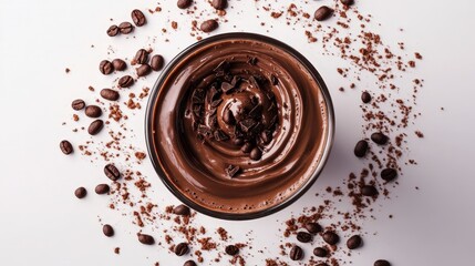 Wall Mural - Tempting Chocolate Coffee Shake Swirl with Beans on White Background