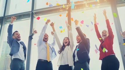 Canvas Print - A group of happy business people celebrate success in the office.