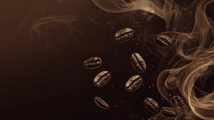 Wall Mural - Ethereal Coffee Beans: Minimalistic Vector Illustration of Suspended Coffee Beans with Swirling Smoke on Dark Brown Background