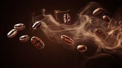 Wall Mural - Aesthetic Vector Coffee Beans with Smoke on Dark Background - High Resolution Minimalistic Design with Sharp Details
